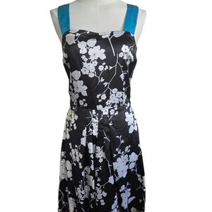 Floral Black and White Midi Dress with Blue Straps